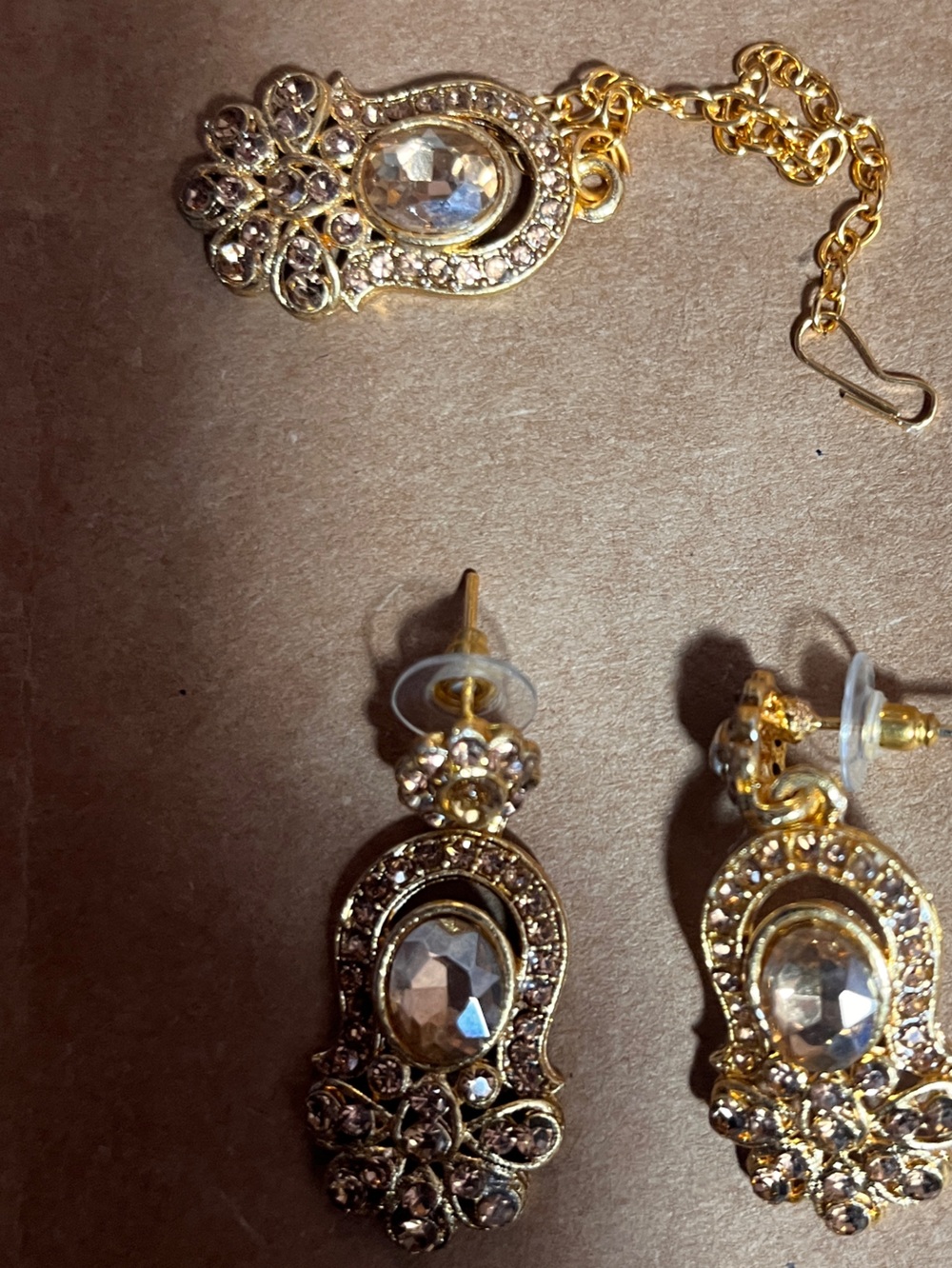 Gold Crystal Drop Earrings and bag charm set- Elegant Women's Jewelry